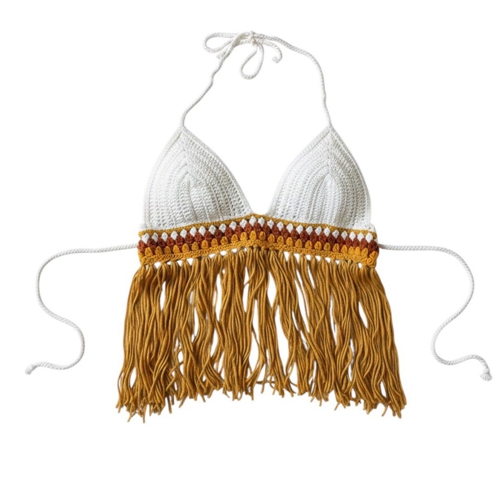Forever 21 Crochet Halter Top Small White Mustard Boho Fringe Festival Triangle